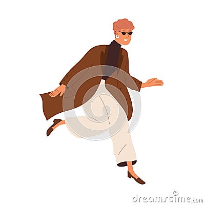 Happy excited woman running. Modern trendy businesswoman in fashion stylish outfit and sunglasses hurrying. Smiling Vector Illustration