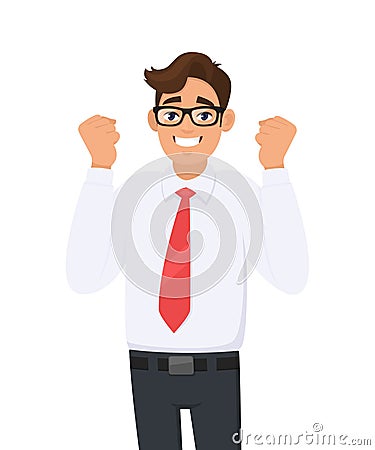 Happy and excited young business man celebrating victory expressing success, power, energy and positive emotions. Vector Illustration