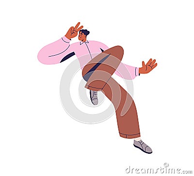 Happy excited young man with joy emotion, victory sign, peace gesture. Smiling positive office worker in motion, action Vector Illustration