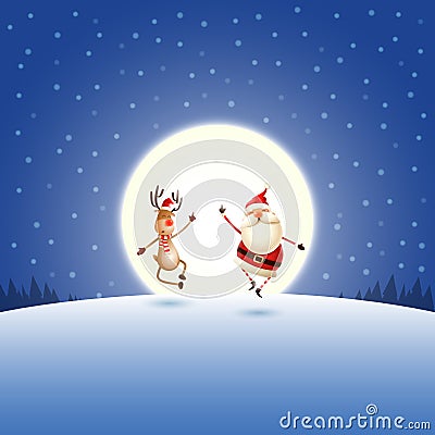 Happy expresion of Santa Claus and Reindeer on blue night moonlight winter landscape Vector Illustration