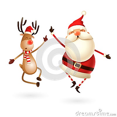 Happy expresion of Santa Claus and Reindeer - they jumping straight up and bring their heels clapping together right under Vector Illustration