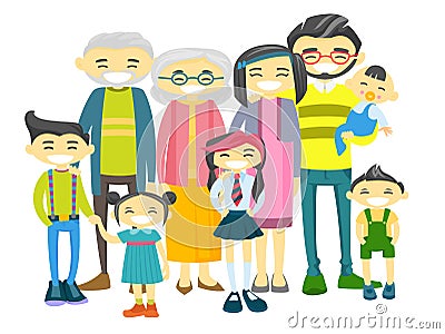 Happy extended asian family with many children. Vector Illustration