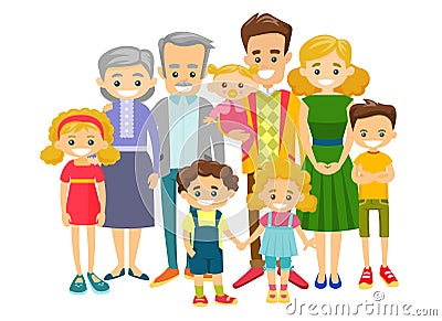 Happy extended caucasian smiling family. Vector Illustration