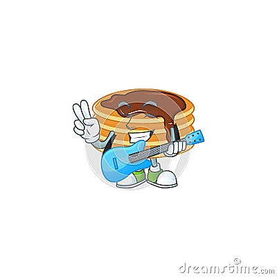 Happy face of chocolate cream pancake cartoon plays music with a guitar Vector Illustration