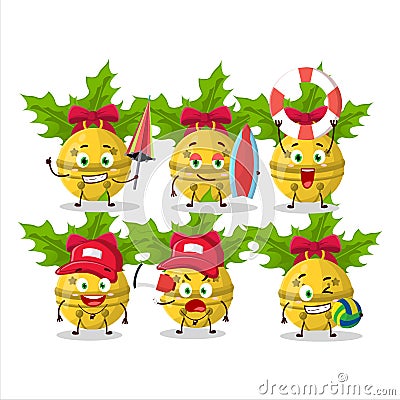 Happy Face christmas bells cartoon character playing on a beach Cartoon Illustration