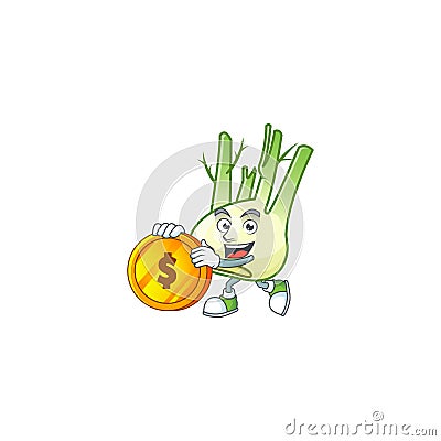 Happy face fennel cartoon character with gold coin Vector Illustration