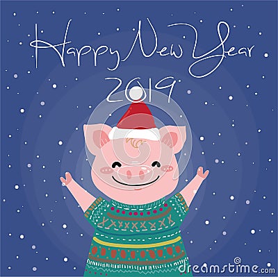 The happy pink pig for New Year card. Stock Photo