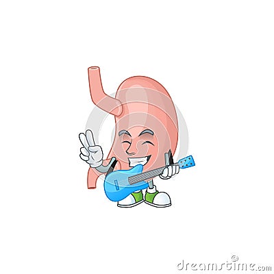 Happy face of stomach cartoon plays music with a guitar Vector Illustration
