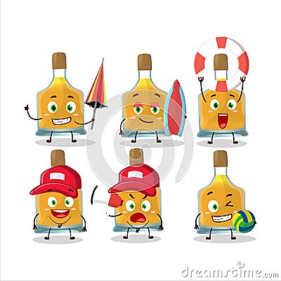 Happy Face vodka bottle cartoon character playing on a beach Vector Illustration