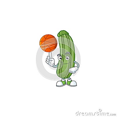 Happy face zucchini cartoon character playing basketball Vector Illustration