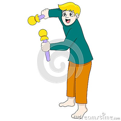 a happy faced blonde boy is playing with drumsticks Vector Illustration
