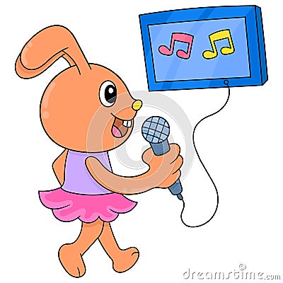 A happy faced lady bunny singing karaoke, doodle icon image kawaii Vector Illustration