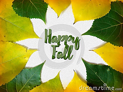 Happy fall congratulation card with yellow and green leaves Stock Photo