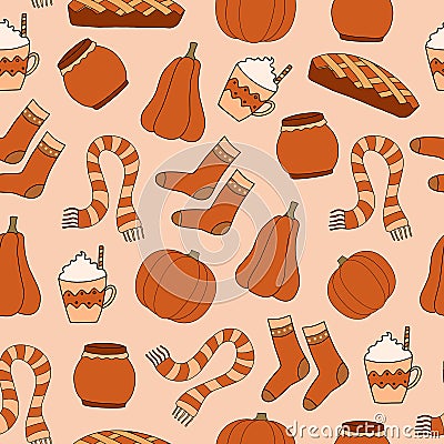 Happy fall seamless pattern with autumn cosy elements on begie Vector Illustration