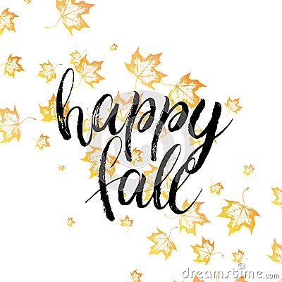 Happy fall text with orange autumn leaves Vector Illustration