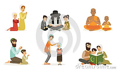 Happy Families of Different Religions Collection, Parents and Children in Traditional Clothes Praying and Reading Vector Illustration