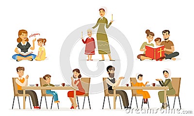 Happy Families of Different Religions Collection, Parents and Children in Traditional Clothes Reading Religious Books Vector Illustration