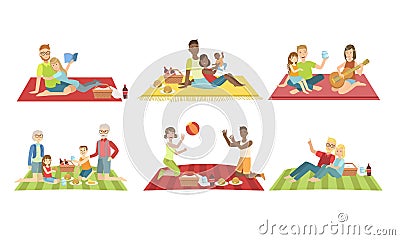 Happy Families Having Picnic In Park Set, People Sitting On Plaids, Eating and Relaxing, Cheerful Family Couples and Vector Illustration