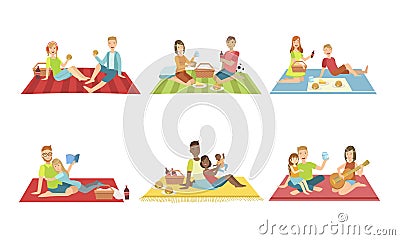 Happy Families Having Picnic In Park Set, People Sitting On Plaids, Eating and Relaxing, Couples and Kids Spending Time Vector Illustration