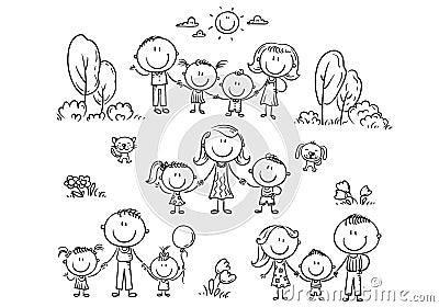 Happy families set with children, outline illustration Vector Illustration