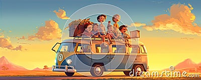 happy familly traveling on a car at sunny day Stock Photo