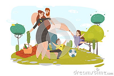 Happy Family Active Weekend Spare Time on Nature Vector Illustration