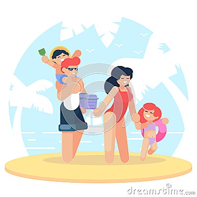 Happy family at the beach. Family having fun at the beach. Traveling. Together Trip. Mom, Dad, Son and Daughter on Vacation. Flat Stock Photo