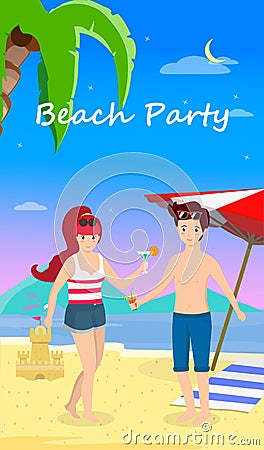 Happy Family at Beach Party. Honeymoon Travel Vector Illustration