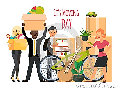 Happy family with boxes are moving vector illustration. Families packaging for move to new home. Vector Illustration