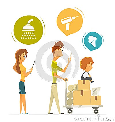 Happy family buying shopping in hardware household shop store Vector Illustration