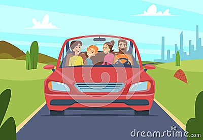 Happy family in car. People father mother kids travellers in automobile vector front view Vector Illustration