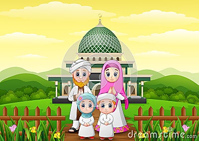 Happy family cartoons celebrate for eid mubarak with mosque in the forest Vector Illustration