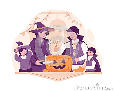 A Happy Family Carving a Pumpkin Together for Halloween Preparation. Father, Mother, Daughter and Son Dressed in Halloween Vector Illustration