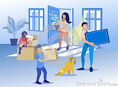 Happy Family with Cat Moving to New Home Cartoon Vector Illustration