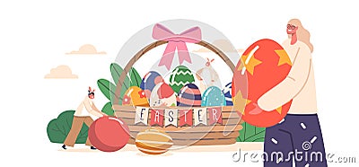 Happy Family Celebrate Easter. Mother with Children Girl and Boy Wear Rabbit Ears near Huge Basket Full of Painted Eggs Vector Illustration