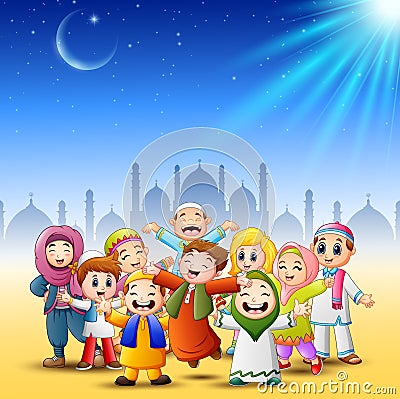 Happy family celebrate for eid mubarak with mosque background Vector Illustration