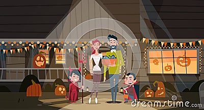 Happy Family Celebrate Halloween Parents And Kids Wear Vampire Costumes Holiday Decoration Horror Party Concept Vector Illustration