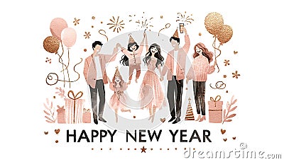 happy family celebrate with word Happy New Year, cheerful, balloons, pink and gold watercolor Stock Photo