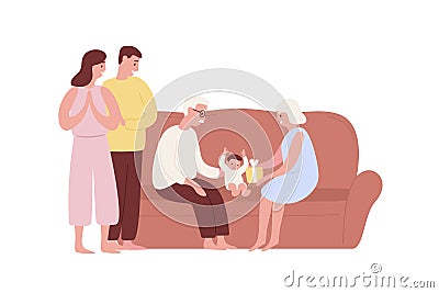 Happy family celebrating first baby birthday on comfy couch vector flat illustration. Grandparents giving gift box to Vector Illustration