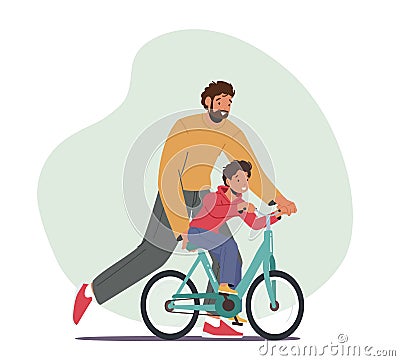 Happy Family Characters Activity. Caring Dad Teaching Son to Ride Bike for the First Time. Father Teach Kid Boy Cycling Vector Illustration