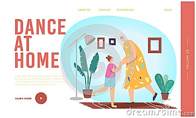 Happy Family Characters Dance at Home Landing Page Template. Sparetime, Leisure. Girl and Granny Rejoice Together Vector Illustration