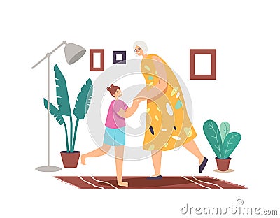 Happy Family Characters Dance at Home, Weekend Sparetime, Leisure. Little Girl and Granny Rejoice Together, Dancing Vector Illustration