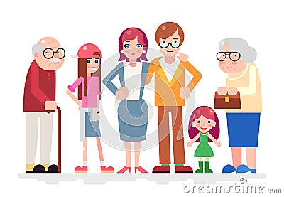 Happy Family Characters Love Together Child Teen Adult Old Icon Flat Design Vector Illustration