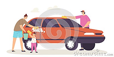 Happy Family Characters Mother, Father and Little Daughter Wash Car Isolated on White Background Weekend Chores Vector Illustration