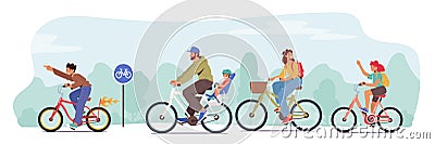 Happy Family Characters Riding Bikes. Dad, Son, Mom and Daughter Training, Healthy Lifestyle, Outdoors Sport Activity Vector Illustration