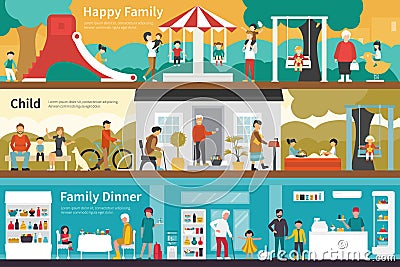 Happy Family Child Dinner flat interior outdoor concept web Vector Illustration