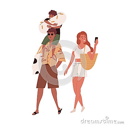 Happy family with child going to beach on summer holidays. Sun-tanned tourists walking and taking photos. Colored flat Vector Illustration