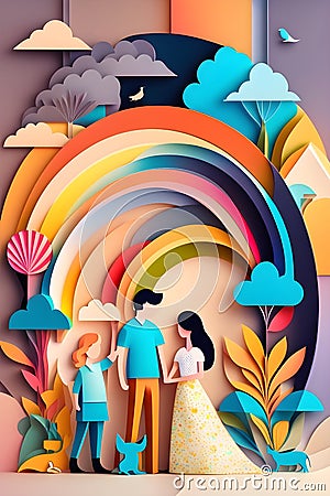 Happy family colorful abstract paper cut art Stock Photo