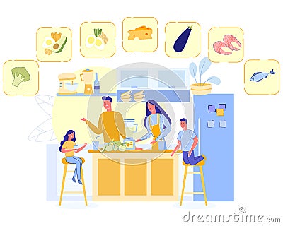 Happy Family Cook Healthy Nutrition, Parents Kids Vector Illustration