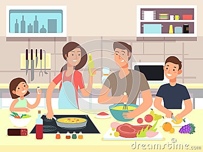 Happy family cooking. Mother and father with kids cook dishes in kitchen cartoon vector illustration Vector Illustration
